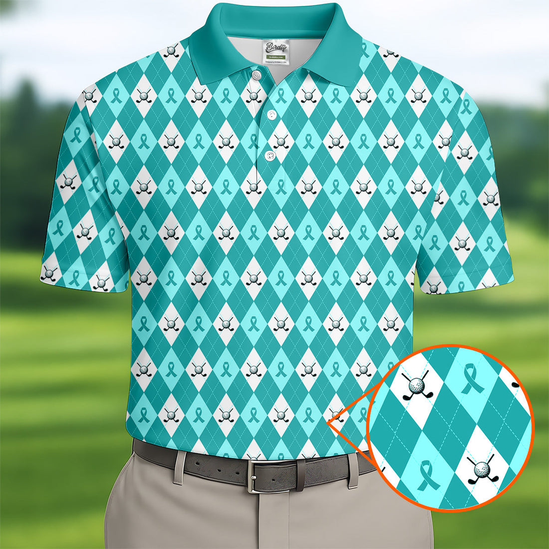 Ovarian Cancer Teal Argyle Men's Golf Polo ShirtOvarian Cancer Awareness Shirt, Golf Gift For Men