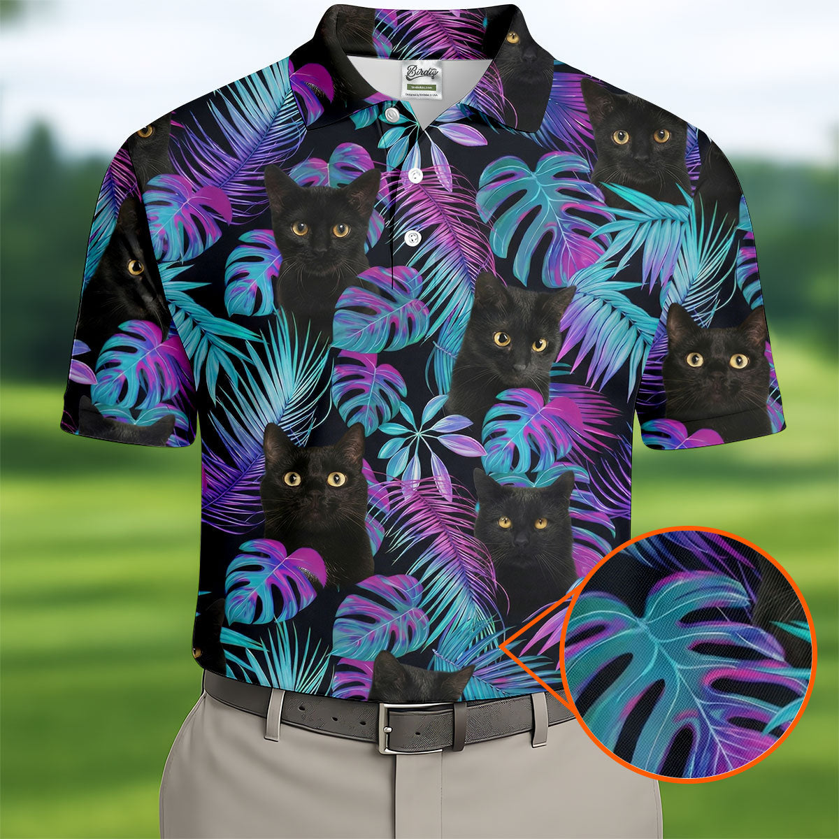 Funny Black Cat Purple Blue Gradient Hawaiian Golf Shirt, Golf Shirts For Men