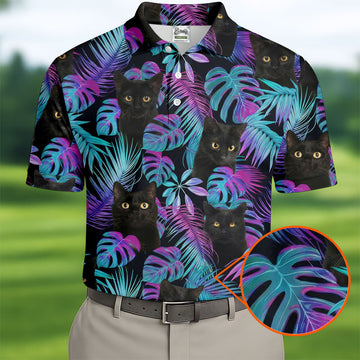 Funny Black Cat Purple Blue Gradient Hawaiian Golf Shirt, Golf Shirts For Men