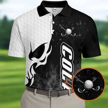 Monochrome Skull Golf Ball Graphic Golf Shirt, Mens Golf Polo, Printed Golf Shirts
