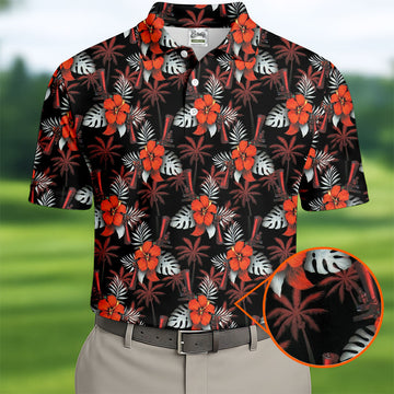 Orange Hibiscus Black Hawaiian Golf Shirt, Summer Vibe Golf Shirts For Men
