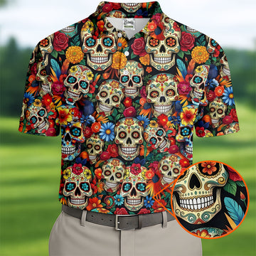 Sugar Skulls Cinco De Mayo Celebration Fiesta Golf Polo For Men, Floral Pattern Golf Shirts For Men