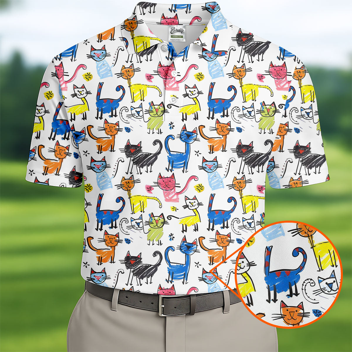 Cartoon Cat Golf Shirt, Colorful Doodle Cat Pattern, Polo Shirts For Men
