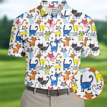 Cartoon Cat Golf Shirt, Colorful Doodle Cat Pattern, Polo Shirts For Men
