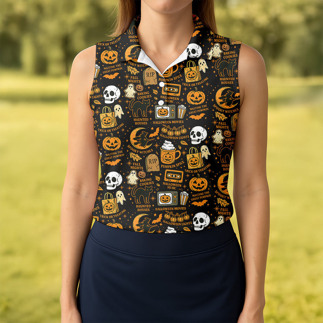 Vintage Halloween Cat Golf Polo Shirtloween Theme Shirts, Ghost Pumpkin Ladies Golf Shirts, Golfing Apparel