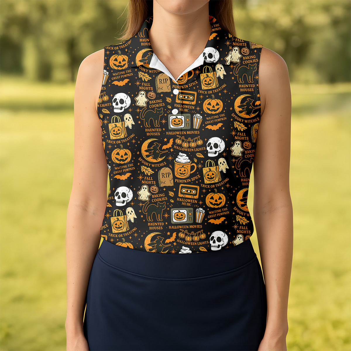 Vintage Halloween Cat Golf Polo Shirtloween Theme Shirts, Ghost Pumpkin Ladies Golf Shirts, Golfing Apparel