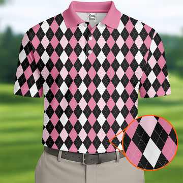 Black Pink Argyle Men's Golf Polo ShirtGolf Gift For Men, Golfing Apparel, Matching Golf Shirt