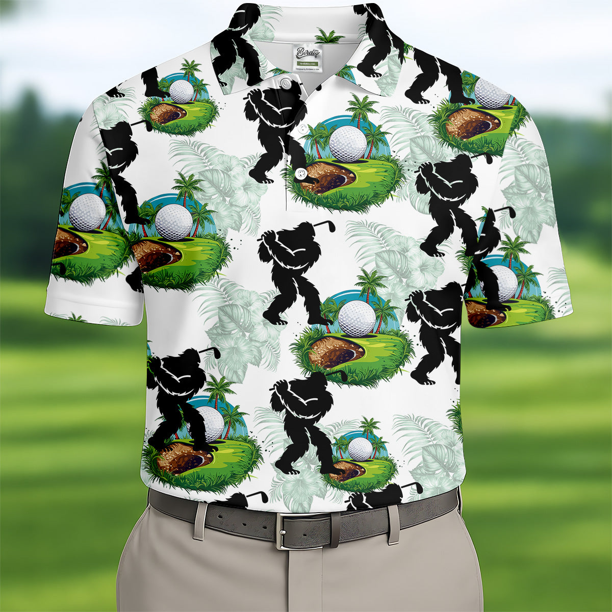 Tropical Golf Cart Bigfoot Golf Shirt, Funny Bigfoot Mens Golf Polo Shirt Cool Golf Gifts, Golfing Apparel