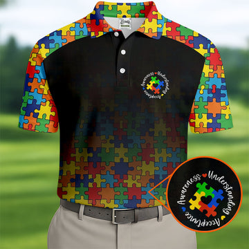 Acceptance Awareness Understanding Autism Awareness Puzzle Pattern Black Fade Golf Shirts For Men