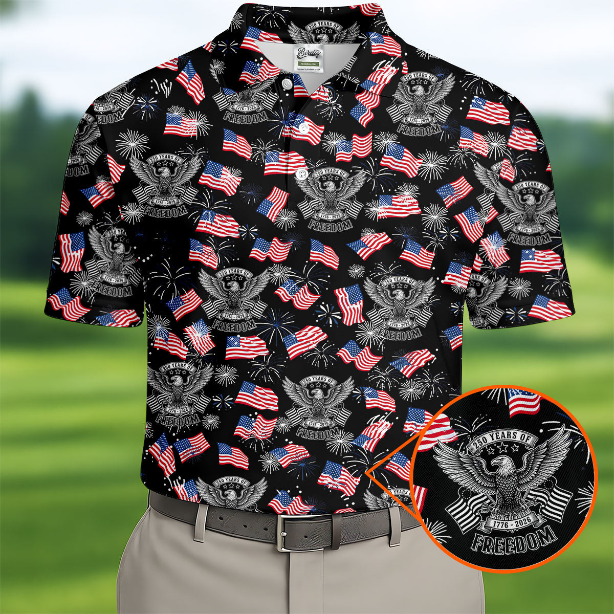 250 Years Of Freedom Festive Flag Vintage Black Golf Shirt, Patriotic 4th Of July Golf Shirts For Men