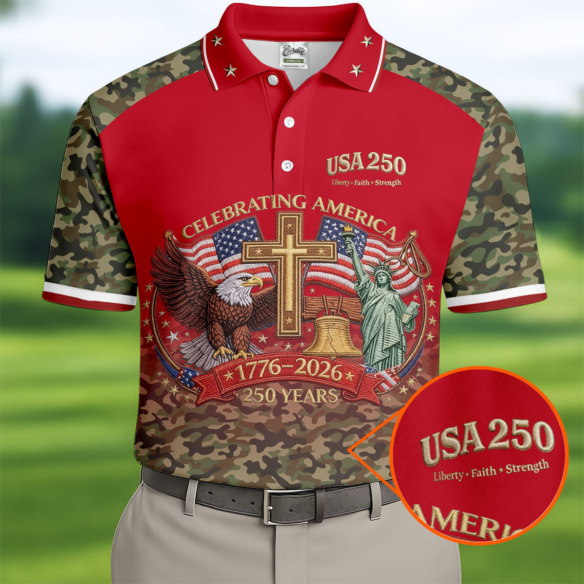 Liberty Faith Strength Faith Cross USA 250 Red Camo Golf Shirt, 4th Of July Golf Shirts For Men
