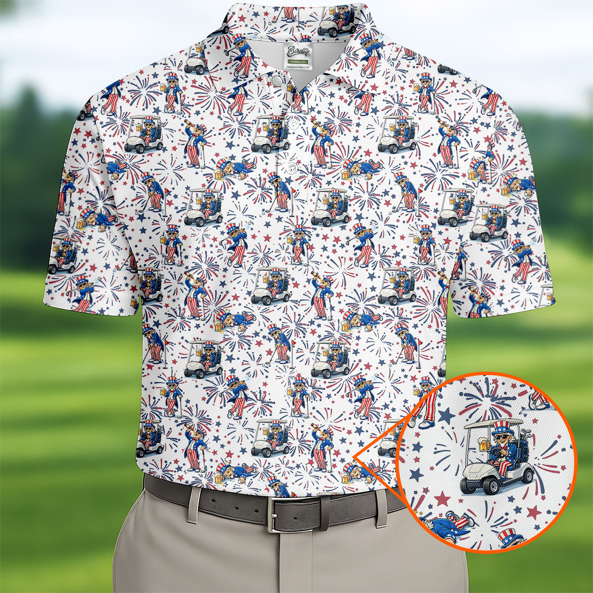 Patriotic Theme Golf And Beer Funny 4th Of July Golf Shirt, 250 Years Seamless Pattern Golf Shirts For Men