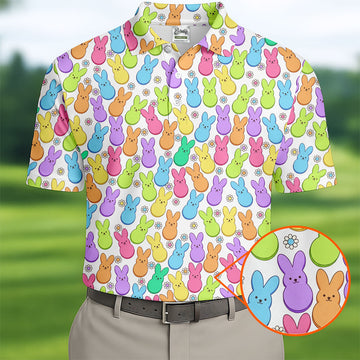 Pastel Easter Peeps Daisy Pattern Golf Shirts For Men, Cute Golf Outfit, Polo Shirt Men