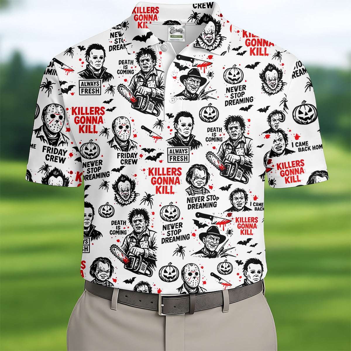 Funny Horror Character Men's Golf Polo ShirtHorror Movie Shirt, Fun Golf Polo ShirtFunny Halloween Gift