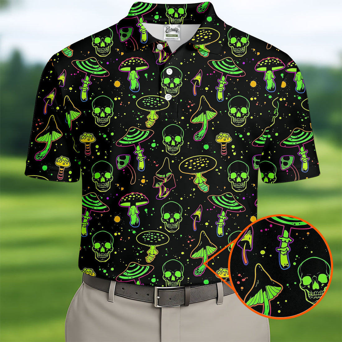 Mushroom And Skull Neon Pattern Hawaiian Golf Shirt, Men's Funny Golf Shirts