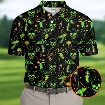 Mushroom And Skull Neon Pattern Hawaiian Golf Shirt, Men's Funny Golf Shirts