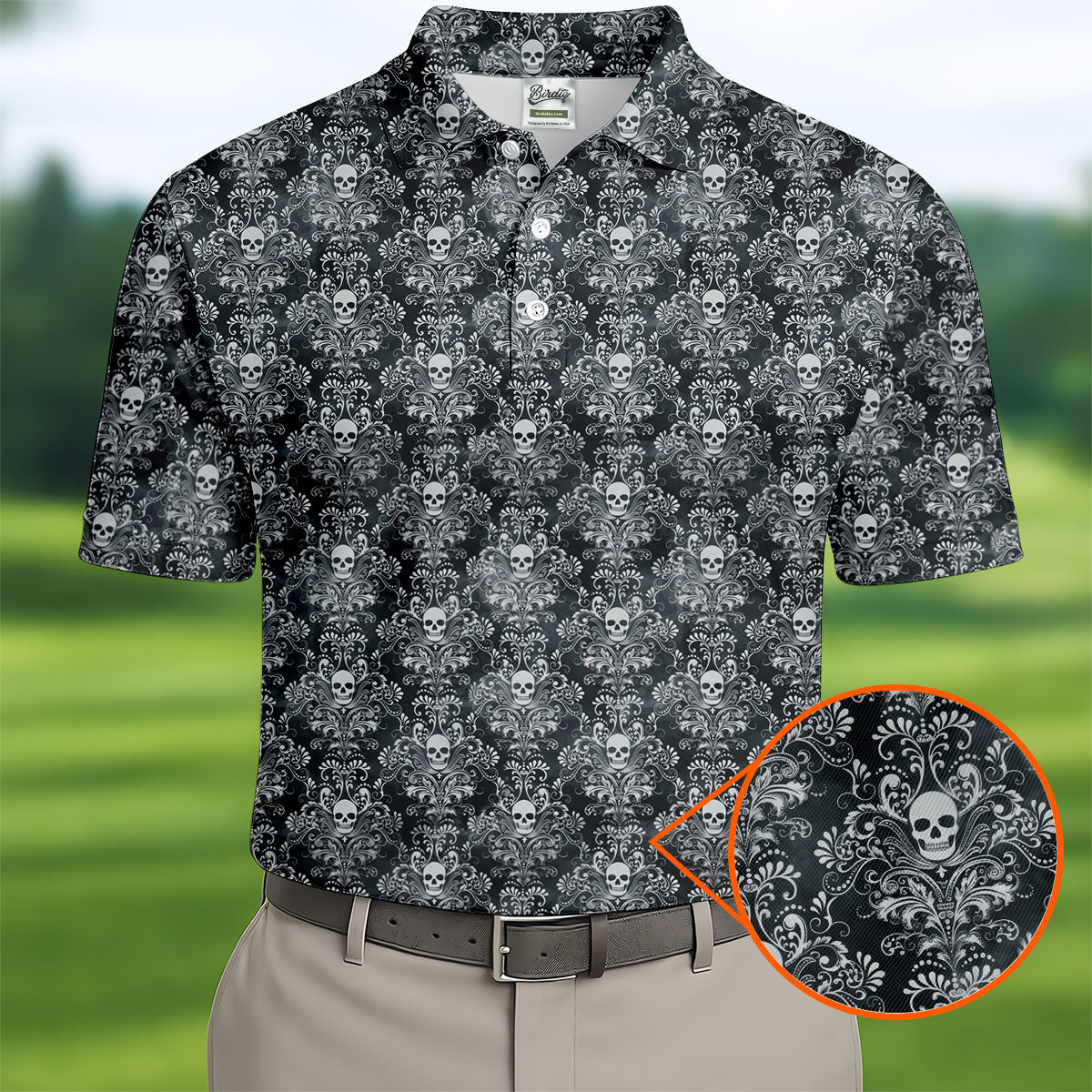 Skull Damask Charcoal Grey Gothic Floral Golf Tops For Men, Polo Shirtor Men, Golf Shirts For Men