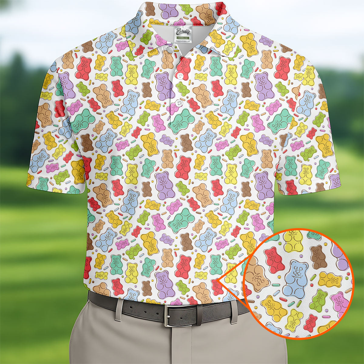 Gummy Bear Golf Shirt, Colorful Candy Pattern Men's Golf Polo, Polo Shirts For Men