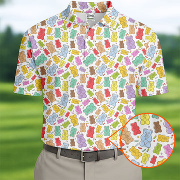Gummy Bear Golf Shirt, Colorful Candy Pattern Men's Golf Polo, Polo Shirts For Men