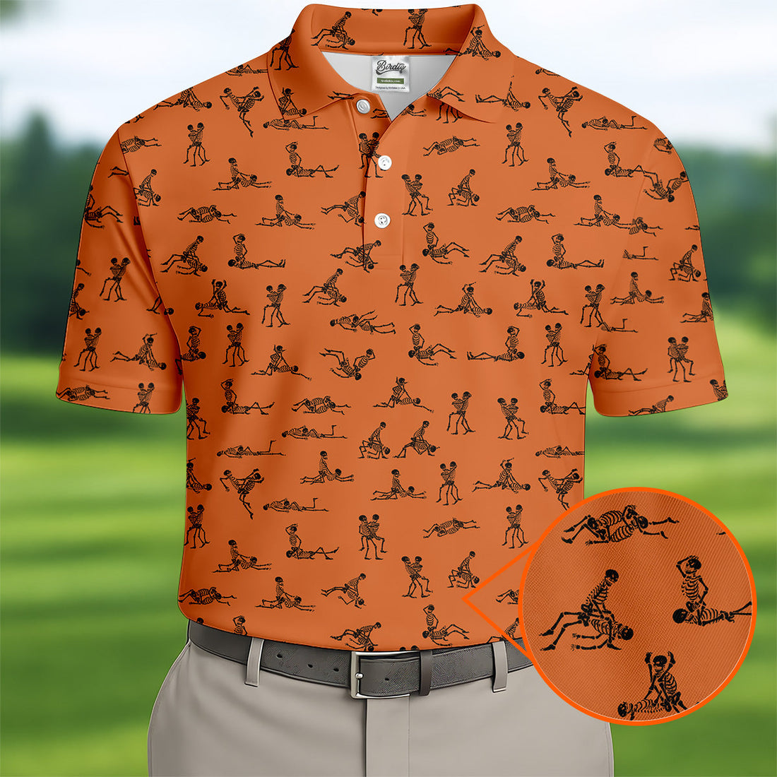 Orange And White Funny Skeleton Golf Shirt, Halloween Gift Idea, Fun Golf Shirts For Men, Polo For Men