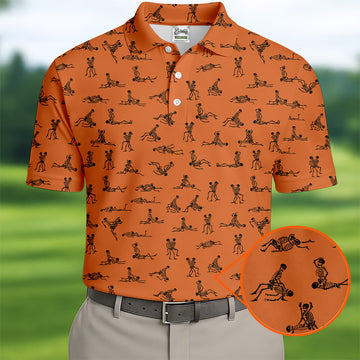 Orange And White Funny Skeleton Golf Shirt, Halloween Gift Idea, Fun Golf Shirts For Men, Polo For Men