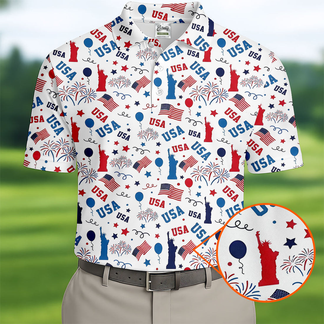 USA Red White Blue Seamless Pattern White Golf Shirt, 250th Anniversary Patriotic 4th Of July Golf Shirts For Men