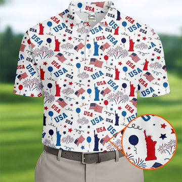 USA Red White Blue Seamless Pattern White Golf Shirt, 250th Anniversary Patriotic 4th Of July Golf Shirts For Men