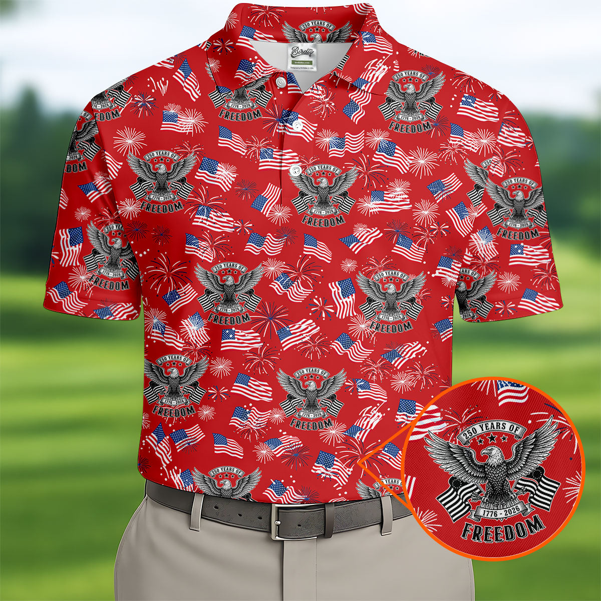 250 Years Of Freedom Festive Flag Vintage Red Golf Shirt, Patriotic 4th Of July Golf Shirts For Men