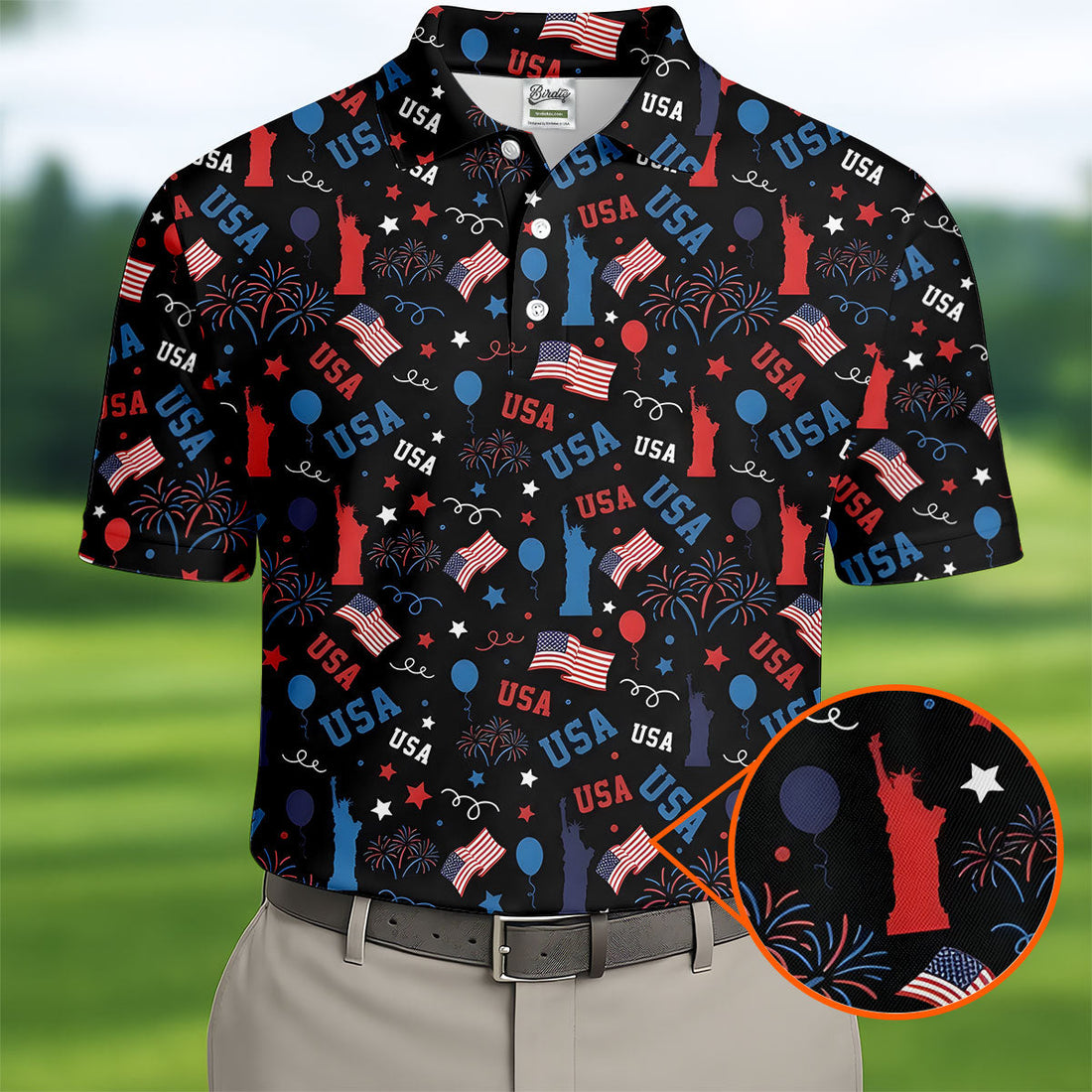 USA Red White Blue Seamless Pattern Black Golf Shirt, 250th Anniversary Patriotic 4th Of July Golf Shirts For Men
