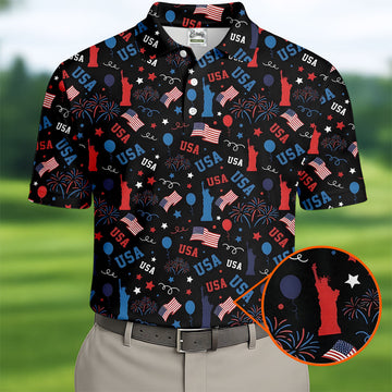 USA Red White Blue Seamless Pattern Black Golf Shirt, 250th Anniversary Patriotic 4th Of July Golf Shirts For Men