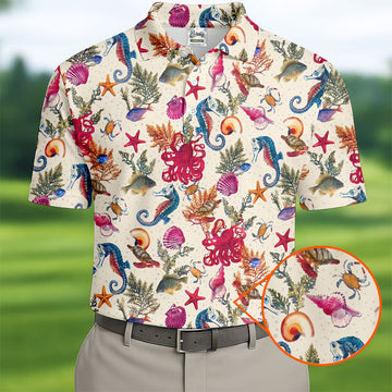 Marine Life Coral Reef Pattern Golf Shirt, Women's Golf Shirt, Hawaiian Golf Shirt, Golf Polo For Women