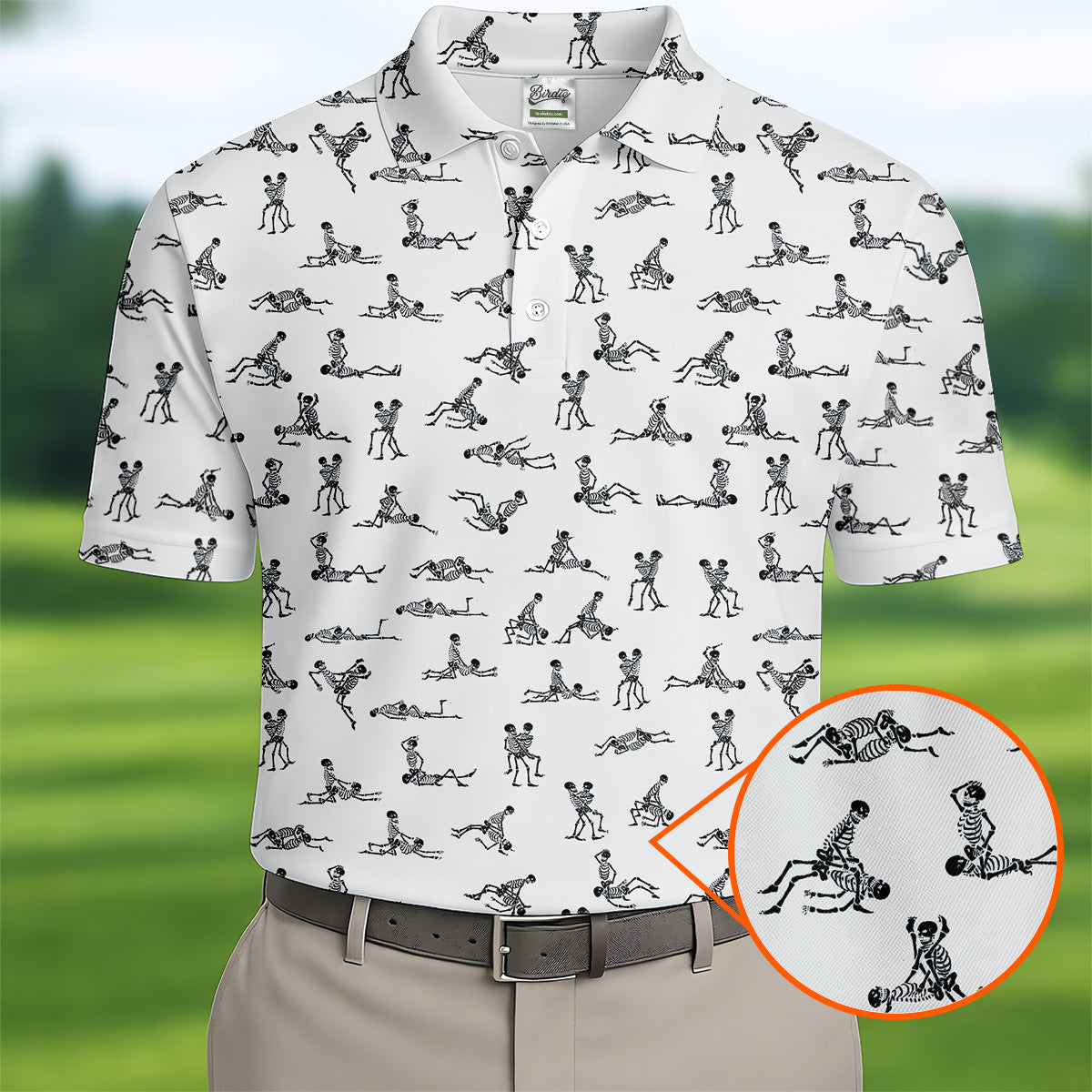 White Funny Skeleton Adult Position Golf Shirt, Halloween Gift Idea, Fun Golf Shirts For Men, Polo For Men
