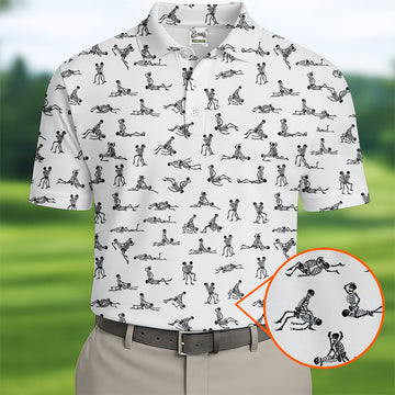 White Funny Skeleton Adult Position Golf Shirt, Halloween Gift Idea, Fun Golf Shirts For Men, Polo For Men