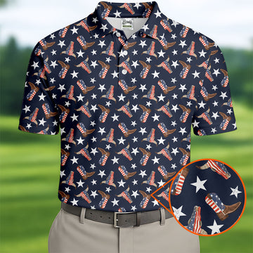 Patriotic Cowboy Boots Stars Pattern 4th Of July Golf Shirt, 250th Anniversary Golf Shirts For Men
