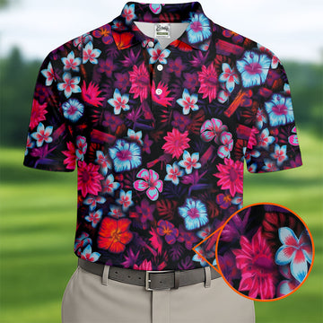 Colorful Hibiscus Tropical Floral Hawaiian Golf Shirt, Summer Vibe Golf Shirts For Men