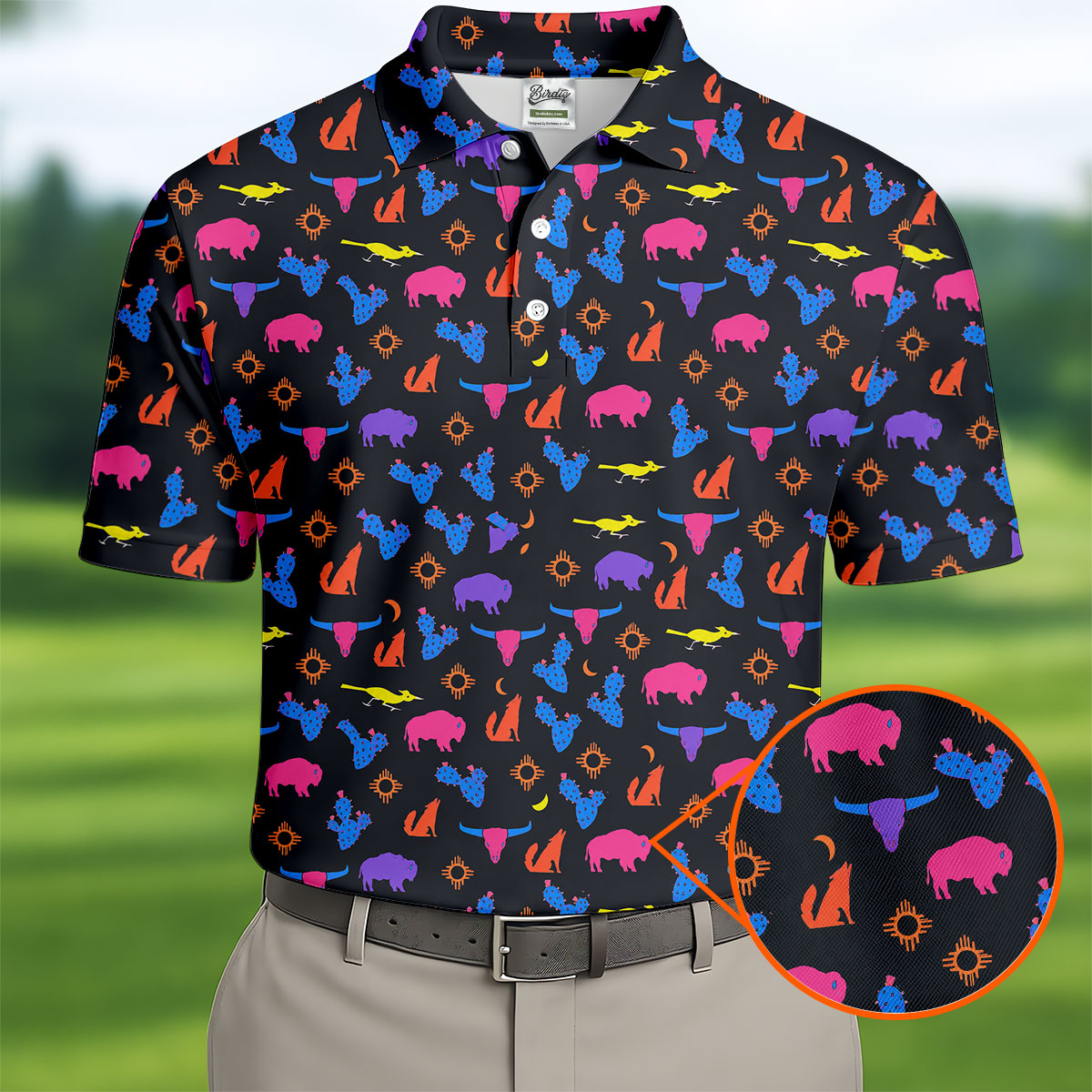 Neon Desert Cactus Buffalo Hawaiian Golf Shirt, Mens Golf Polo, Printed Golf Shirts