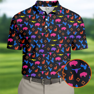 Neon Desert Cactus Buffalo Hawaiian Golf Shirt, Mens Golf Polo, Printed Golf Shirts