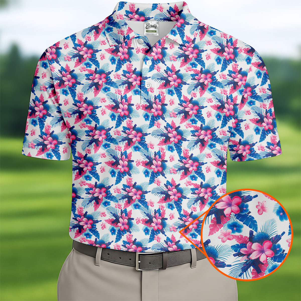 Pink Blue Tropical Floral Hawaiian Golf Shirt, Vibrant Color Golf Shirts For Men