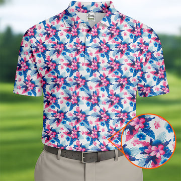 Pink Blue Tropical Floral Hawaiian Golf Shirt, Vibrant Color Golf Shirts For Men
