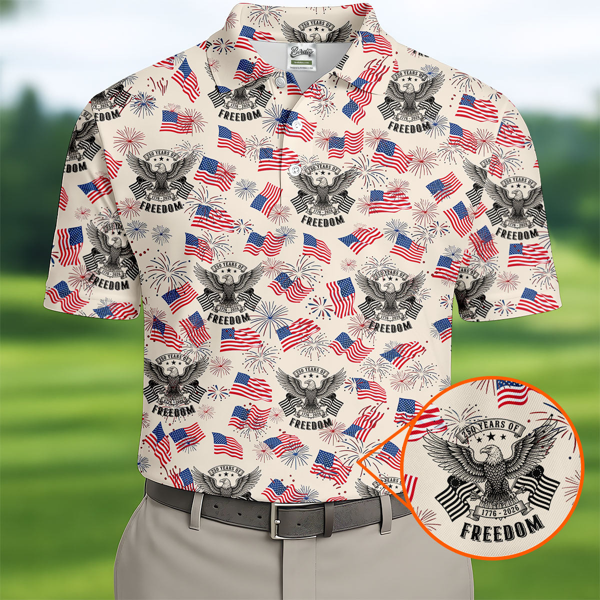 250 Years Of Freedom Festive Flag Vintage Beige Golf Shirt, Patriotic 4th Of July Golf Shirts For Men