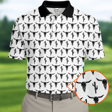 Longhorn Cow Skull Western Theme White Golf Tops For Men, Polo Shirtor Men, Golf Shirts For Men