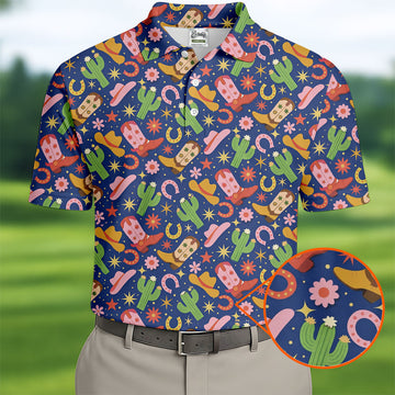 Western Cowboy Golf Shirt, Desert Cactus Horseshoe Pattern, Golf Shirt For Men