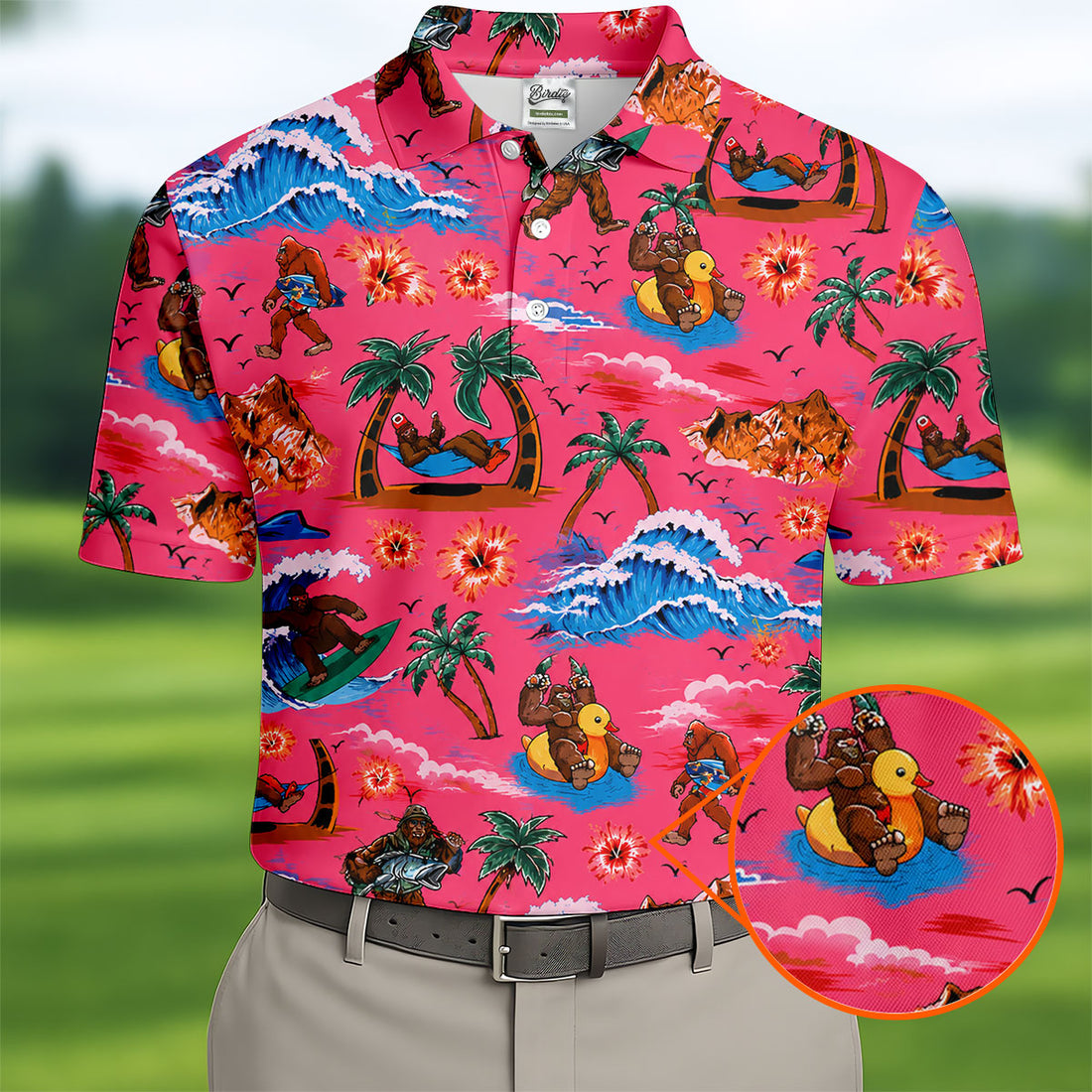 Pink Bigfoot Aloha Beach Vacation Golf Shirt, Mens Golf Polo, Printed Golf Shirts