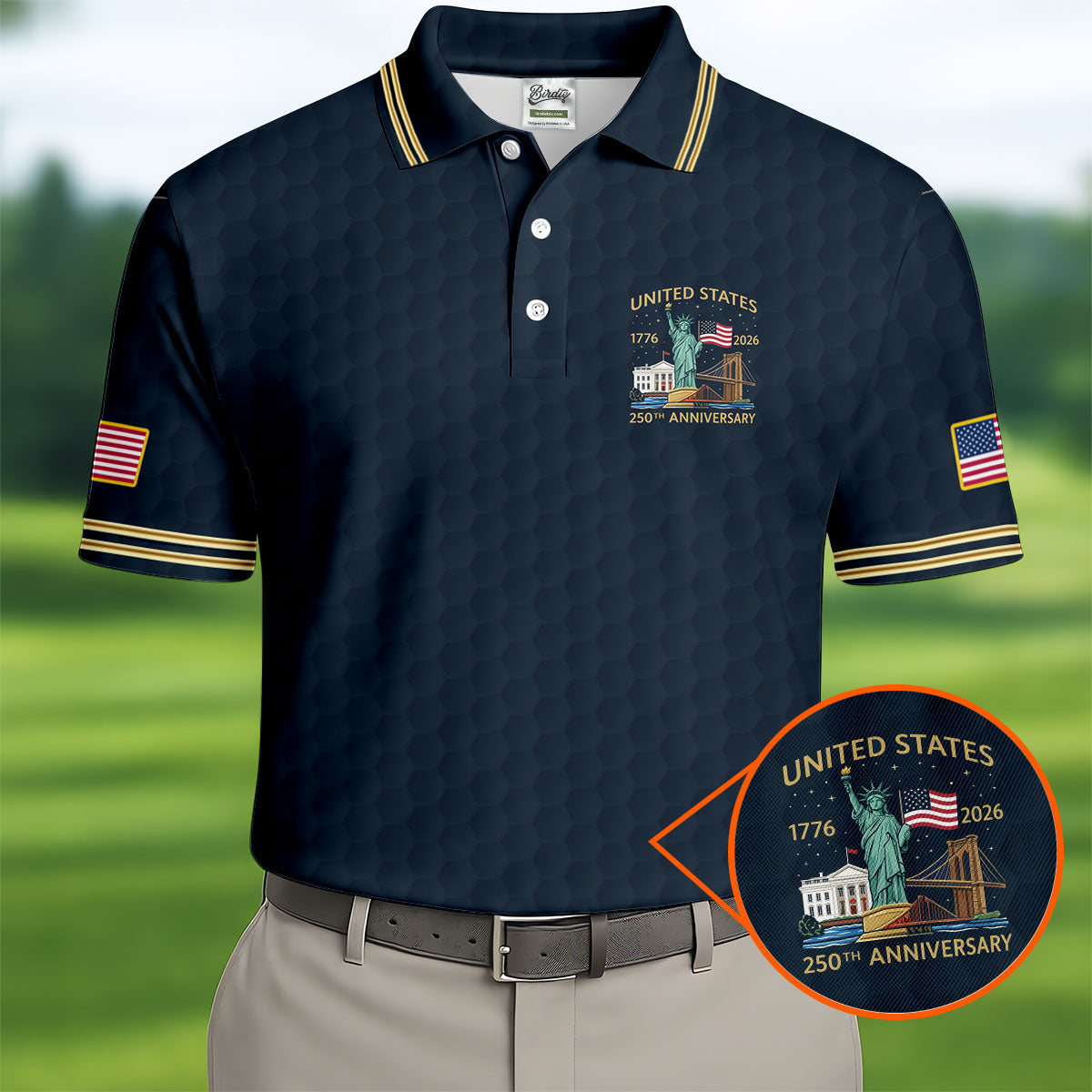 United States 250th Anniversary Golf Ball Pattern Navy Golf Shirt, 4th Of July Patriotic Golf Shirts For Men