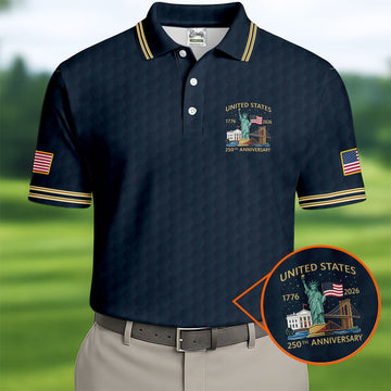 United States 250th Anniversary Golf Ball Pattern Navy Golf Shirt, 4th Of July Patriotic Golf Shirts For Men