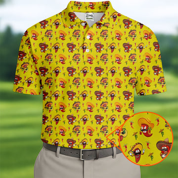 Cartoon Chili Pepper Mexican Sombrero Cinco De Mayo Celebration Fiesta Themed Golf Shirts For Men