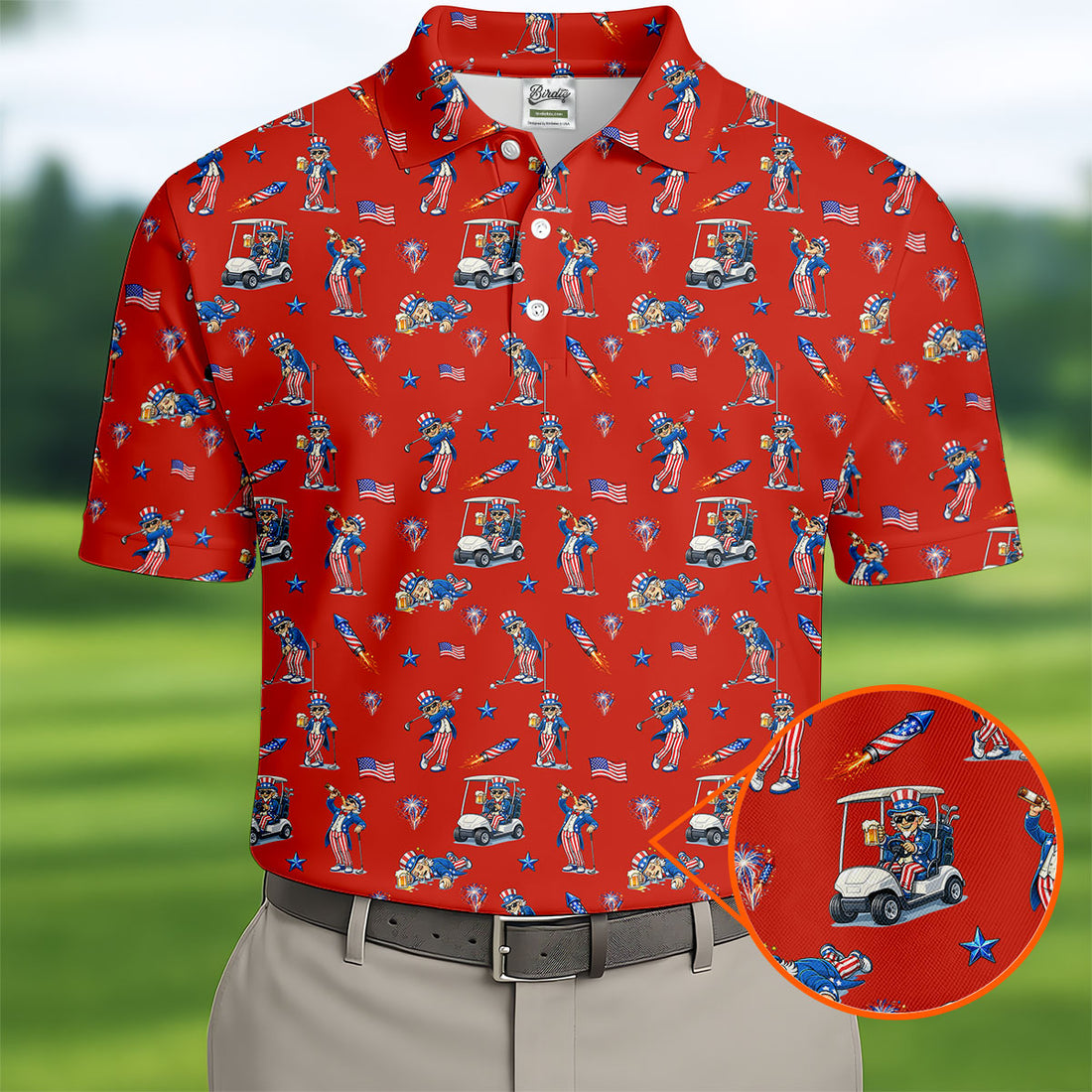 Patriotic Man Golf And Beer Funny 4th Of July Red Golf Shirt, 250 Years Seamless Pattern Golf Shirts For Men