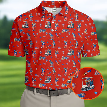 Patriotic Man Golf And Beer Funny 4th Of July Red Golf Shirt, 250 Years Seamless Pattern Golf Shirts For Men
