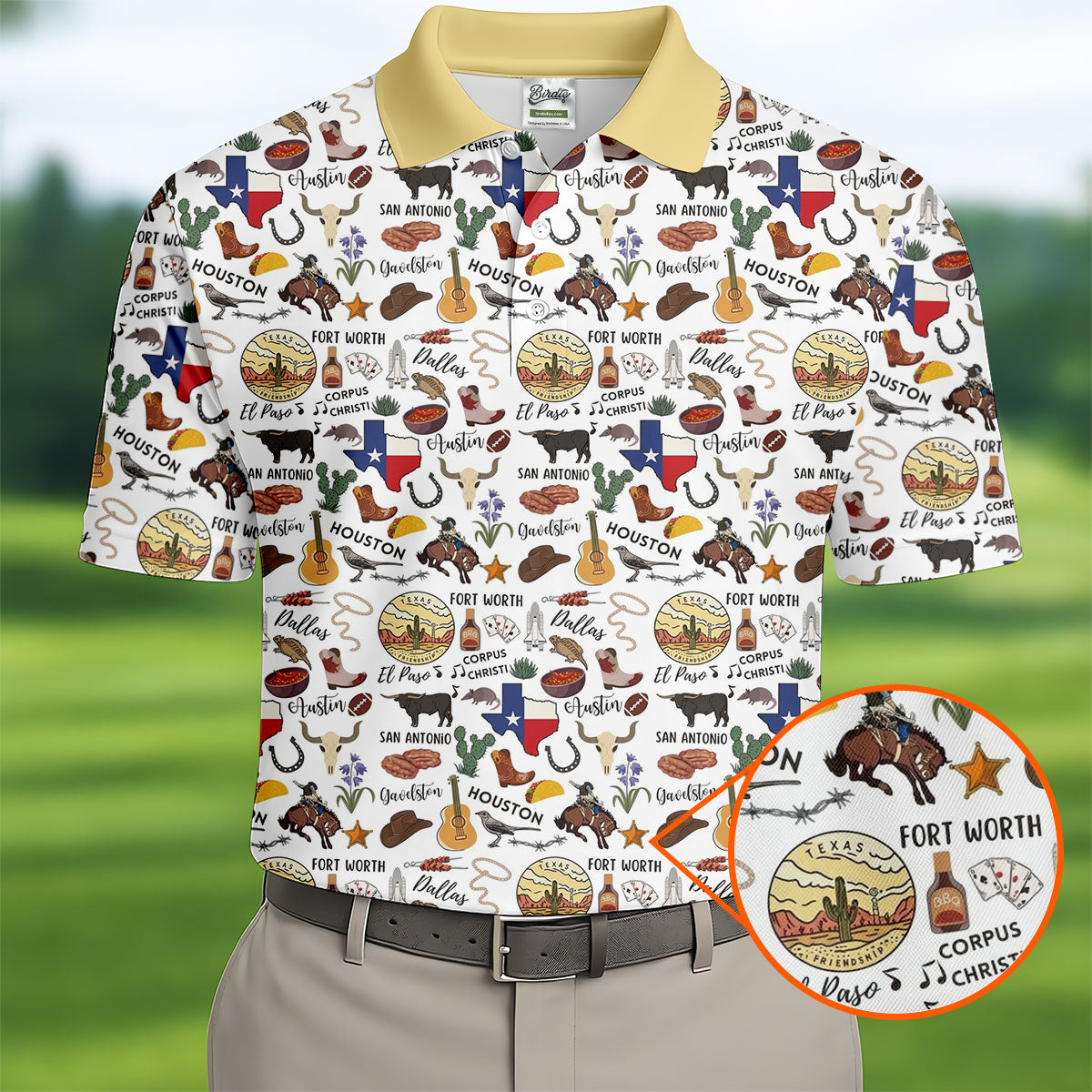 Texas Symbols Western Theme Doodle Style Golf Tops For Men, Polo Shirtor Men, Golf Shirts For Men