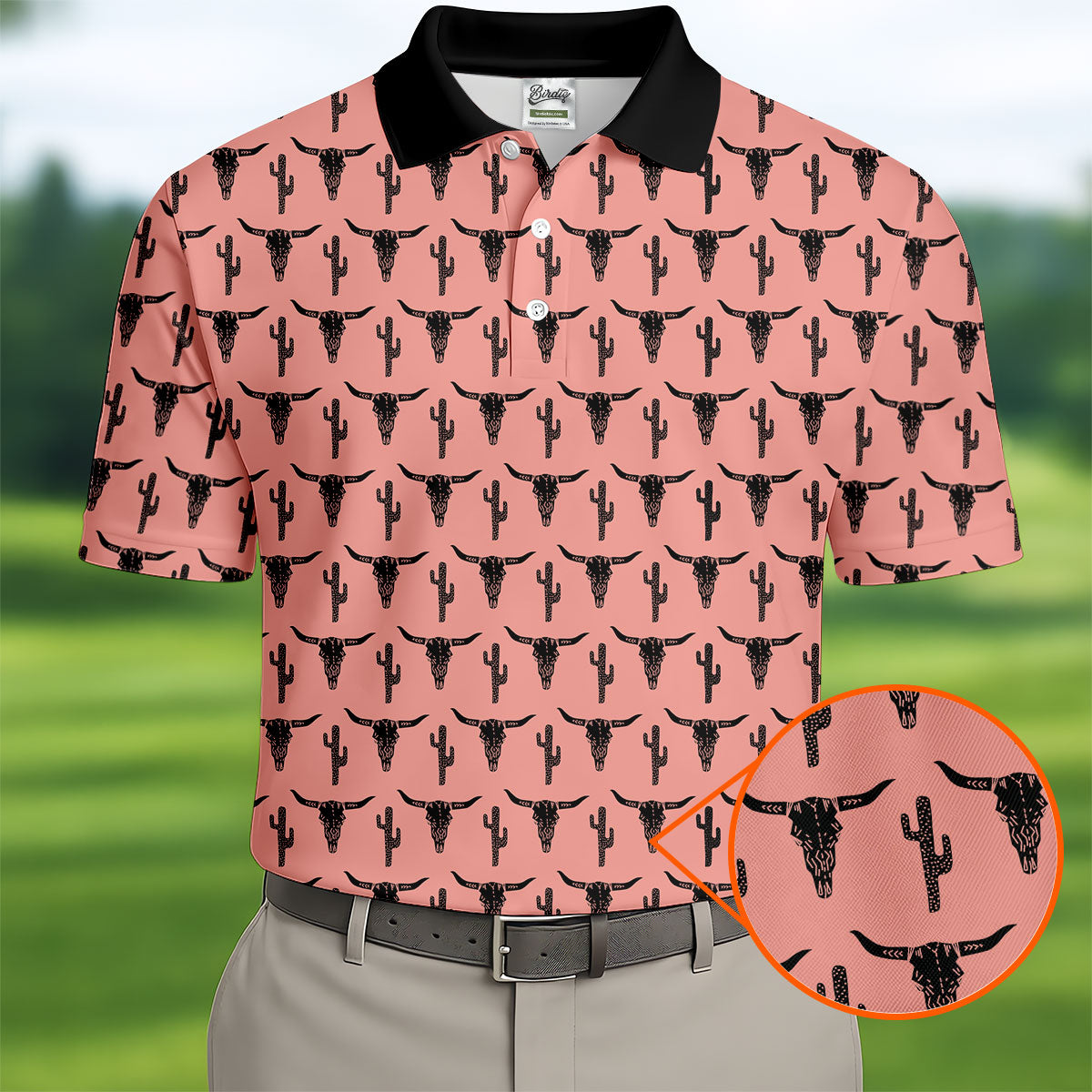 Longhorn Cow Skull Western Theme Peach Pink Golf Tops For Men, Polo Shirtor Men, Golf Shirts For Men